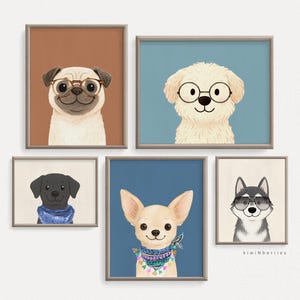 Set of 5 fun Dog Prints, Puppy Lover gift, Dog Wall Art, Nursery Posters,Kids Room Decor,Instant Decor, Pug Chihuahua Lab Husky,Pop of Color