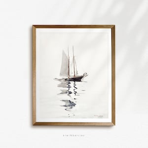 Boat Vintage Print, Watercolor vintage Painting, Rustic beach house decor, Farmhouse wall art, Old Sailing print, Sea Ocean Calm Neural