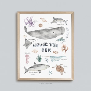 Under the Sea Print, Carta de criaturas marinas, Póster del océano, Animales marinos imprimibles, Decoración de la sala de juegos, Niños niños, Aprendizaje educativo