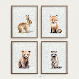 Wald-Kunst-Set für Junge, blaue Blätter, Waldtiere, niedliches Wald-Themed Kinderzimmer, weiche blaue Plakate, hölzerner Bär Fuchs, Baby-Kunst-Digital