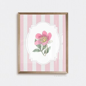 Arte botânica com listras rosa, pôster de flores, estilo antigo vintage, impressão de fundo listrado,