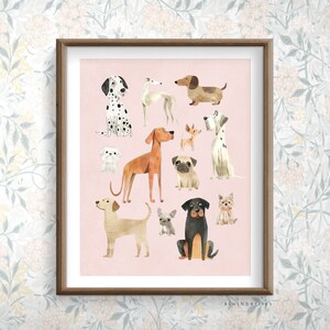 Pink Dog Chart Print, Afdrukbare hondenrassen, Digitale Kwekerij Artwork, Print van schattige puppy's, Baby Girl Wall Art