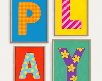 PLAY Printable Set, Bright Kids Wall Art, Playroom Decor for Children, Digital Download