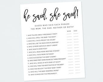 He said she said, Baby shower games, Mom or dad game, Mommy or daddy shower game, Generic baby shower, Gender neutral baby shower, A133