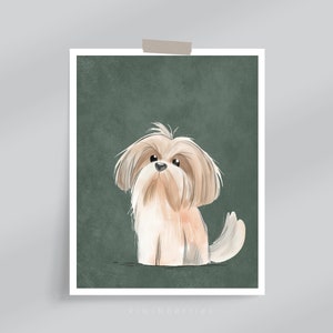 Cartel de perro Shih tzu, verde oscuro, arte de pared para niños imprimible, dibujos animados divertidos lindos, perro caricaturesco