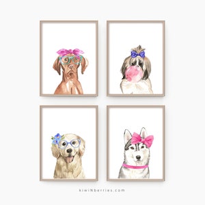 Girl Room Decor, Set of 4 Puppy Prints, Fun Printables for Girls, Dog illustration, Girly Dogs Posters, Dog with bows and glasses, Playroom
