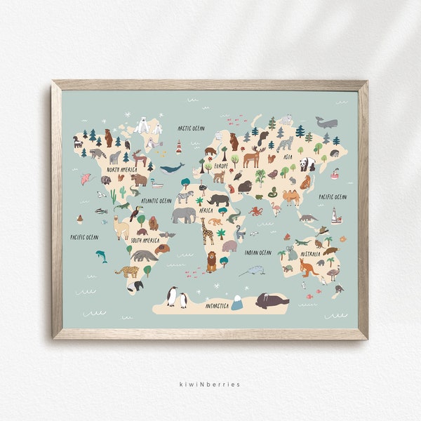 Large World Map Print, Map Poster for Kids, Sky Blue Bohemian, Printable World Map, Animals of the World, Fun Wall Art for Children,Learning