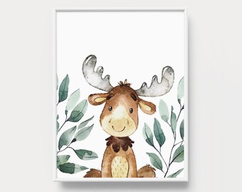 Watercolor Moose Print: Woodland Nursery Art (Digital Download)