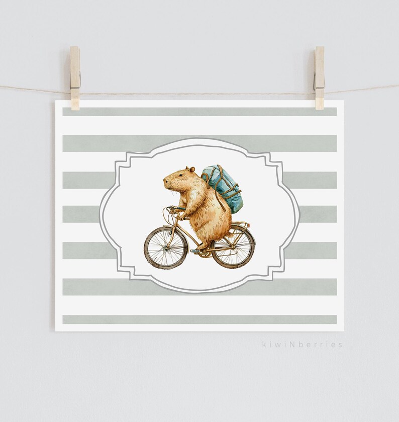 May include: A watercolour illustration of a capybara wearing a blue backpack and riding a bicycle on a grey and white striped background.