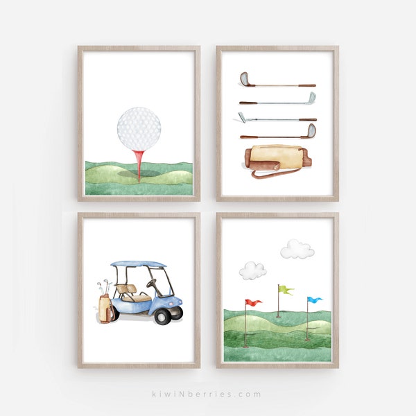 Golf Afdrukbare Kunst, Set van 4 Gouden Prints, Kinderkamer Print Set, Jongens Kamer, Aquarel Kunst aan de Muur, Kids Art, Wall Decor, Golfclubs Ball Cart