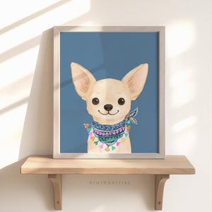 Chihuahua Art Prints, Playroom Decor, Fun Instant Art, Blue Dog Poster, Puppy with a Bandana, Gender Neutral Room Art, Cute Funny dog