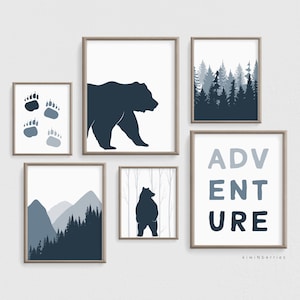Abenteuer Kinderzimmer Poster, Digitale Kinderzimmer Poster, Bär Poster, Marineblau Wald, Berge Wald, Wildnis Printables, Gemütlich