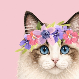 May include: Watercolor illustration of a cat with blue eyes and a floral crown. The cat has white and brown fur, a pink nose, and long white whiskers. The flower crown features pink, purple, and blue flowers with green leaves, set against a pink background.