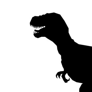 Op de afbeelding: Zwarte silhouet van een dinosaurus met zijn bek open, waardoor scherpe tanden zichtbaar zijn. De dinosaurus kijkt naar rechts.