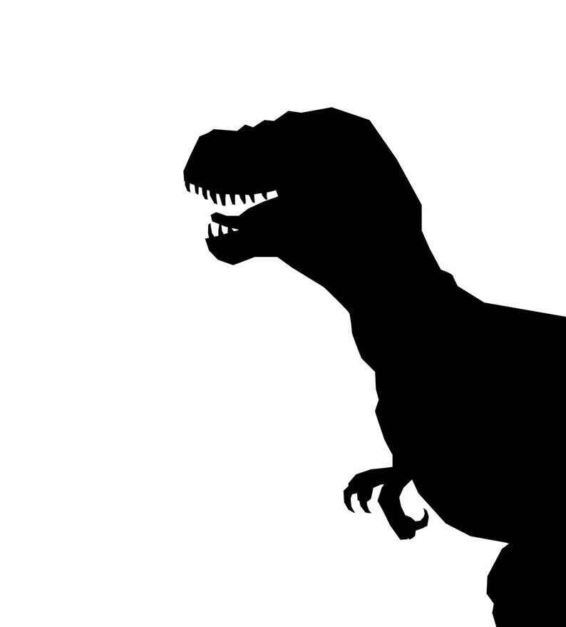 Op de afbeelding: Zwarte silhouet van een dinosaurus met zijn bek open, waardoor scherpe tanden zichtbaar zijn. De dinosaurus kijkt naar rechts.