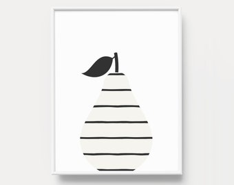 Striped Pear Art Print: Black and White Kitchen Wall Decor (Digital Download)