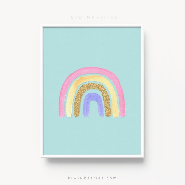 Hand drawn rainbow, Rainbow print, Rustic watercolor rainbow, Girls bedroom wall art, Printable wall art, Girl's room decor