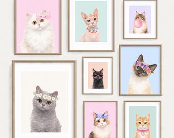 Cat Illustration Bundle Prints, Kittens Wall Art for Girls Room, Watercolor Portraits, Digital Download, Set of 8