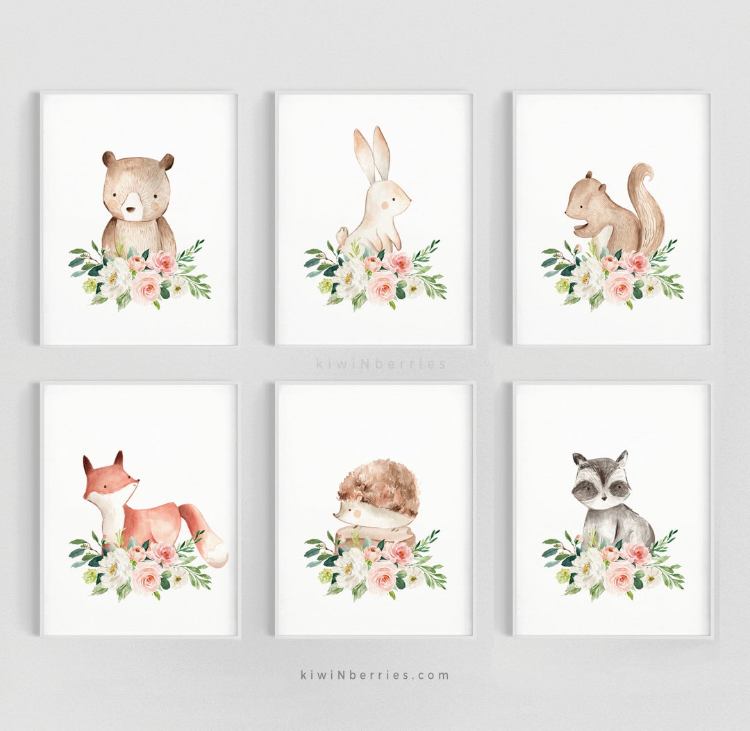 Woodland Animal Prints: Blush Pink Floral Nursery Decor (digital ...
