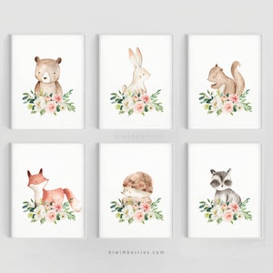 Woodland nursery decor - Baby girl nursery - Printable wall art - Woodland animals - Blush pink flower, Animal print set, Woodland prints