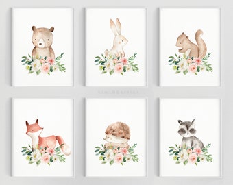 Woodland nursery decor - Baby girl nursery - Printable wall art - Woodland animals - Blush pink flower, Animal print set, Woodland prints