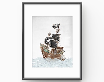 Pirate ship print, Pirate printable art, Kids room wall art, Children's room decor, Boy printable decor, Boys room wall art, Nautical