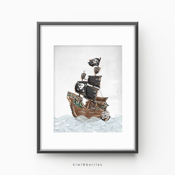 Pirate ship print, Pirate printable art, Kids room wall art, Children's room decor, Boy printable decor, Boys room wall art, Nautical