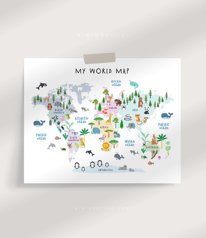 World Map Print for Kids Animal World Map Print Nursery Kids | Etsy