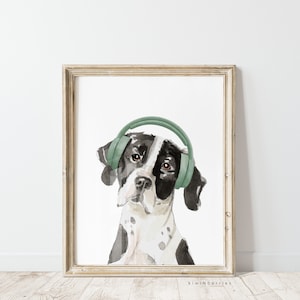 May include: A watercolor painting of a black and white dog wearing green headphones. The dog is looking to the side and has a serious expression on its face.