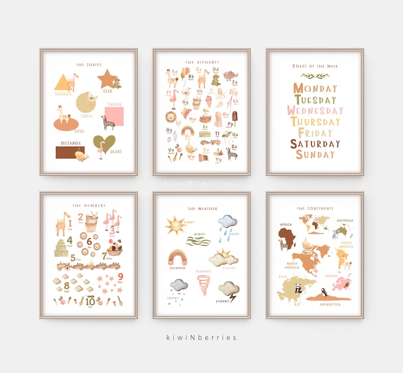 Peut inclure: Six affiches &eacute;ducatives imprimables sur le th&egrave;me des animaux de la jungle. Les affiches pr&eacute;sentent des illustrations d'animaux, de formes, de nombres, de lettres, de jours de la semaine et de continents. Les affiches sont dans une palette de couleurs neutres de brun, rose et vert.