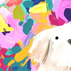 K&ouml;nnte beinhalten: Ein wei&szlig;er Hund mit schwarzen Augen, der hinter einem bunten abstrakten Hintergrund hervorlugt. Der Hintergrund zeigt leuchtend rosa, gelbe, blaue und gr&uuml;ne Farbschl&auml;ge.