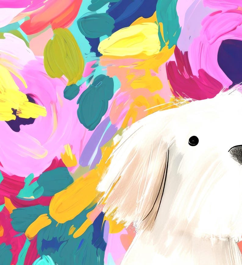 K&ouml;nnte beinhalten: Ein wei&szlig;er Hund mit schwarzen Augen, der hinter einem bunten abstrakten Hintergrund hervorlugt. Der Hintergrund zeigt leuchtend rosa, gelbe, blaue und gr&uuml;ne Farbschl&auml;ge.
