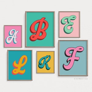 Impresión de carta inicial personalizada, cartel de monograma digital, inicial personalizada, vibrante colorido rico, regalo para propietarios de viviendas, guión de burbujas vintage