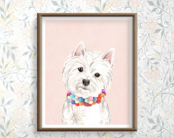 Puppy Breeds Prints, White Westie Dog Art Digital, Peach Dog poster, Funny Prints for Playroom, Girl Dog Art, Printable Puppy Illustration