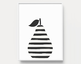 Striped Pear Print: Black and White Geometric Kitchen Art (Digital Download)