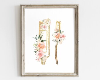 May include: Gold outline of a toothbrush and toothpaste tube with pink and peach watercolor flowers. The image has a white background and is framed in a light wood frame. The text "kiwiNberries" is at the bottom of the image.