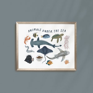 Póster de animales marinos, Bajo el mar, Especies oceánicas educativas, Decoración de la sala de juegos de la guardería, Nombre de los animales, Arte mural digital imprimible