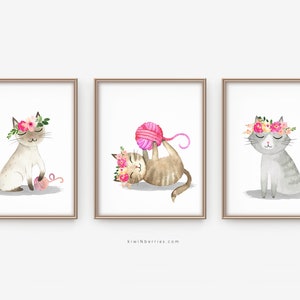 Cute Cat Prints, Set of 3 Prints, Watercolor Art, Digital Printable, Cat Posters, Girl Room Decor, Nursery Cat Lovers, Fun Art Prints