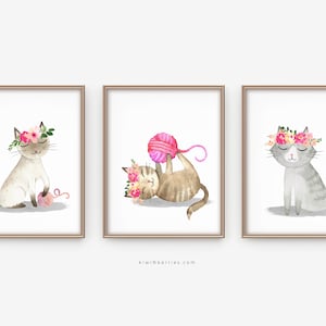 Cute Cat Prints, Set of 3 Prints, Watercolor Art, Digital Printable, Cat Posters, Girl Room Decor, Nursery Cat Lovers, Fun Art Prints