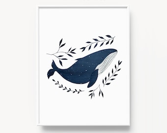 Celestial art print, Night sky oceanic wall art, Printable wall art, Whales and leaves, Botanical prints, Celestial dreamy print, Whale art