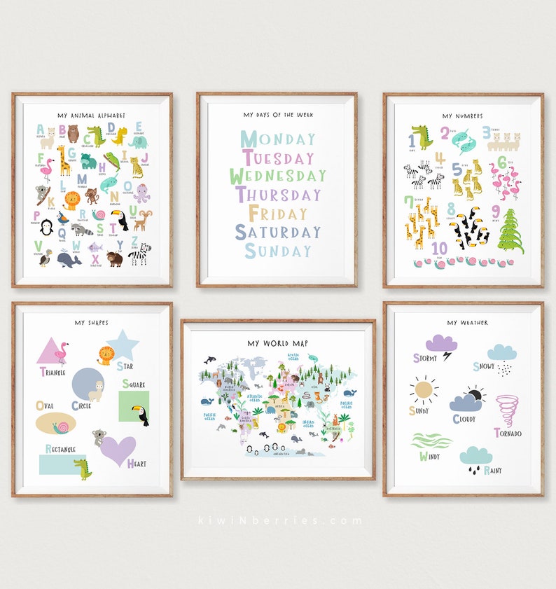 K&ouml;nnte beinhalten: Satz von 6 bunten Lerntafeln f&uuml;r Kinder mit Tieralphabet, Wochentagen, Zahlen von 1 bis 10, Formen, Weltkarte und Wetter. Jede Tafel hat ein anderes Thema und zeigt niedliche Illustrationen.