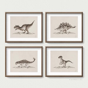 May include: Set of four framed prints featuring black and white illustrations of dinosaurs. The prints are displayed on a white wall with a light brown wood frame.