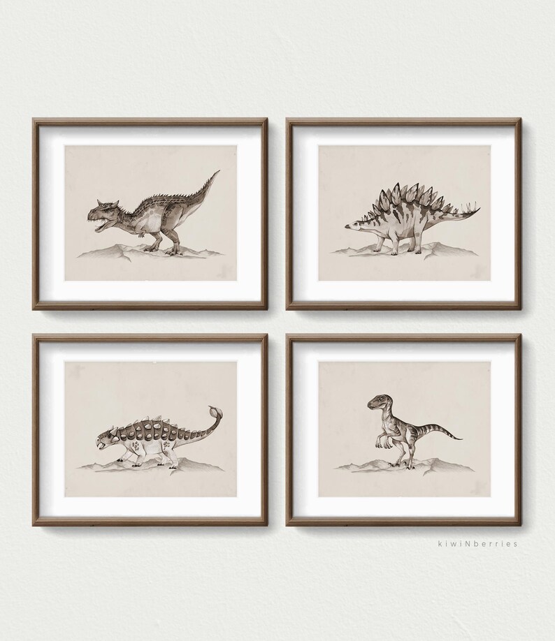 May include: Set of four framed prints featuring black and white illustrations of dinosaurs. The prints are displayed on a white wall with a light brown wood frame.