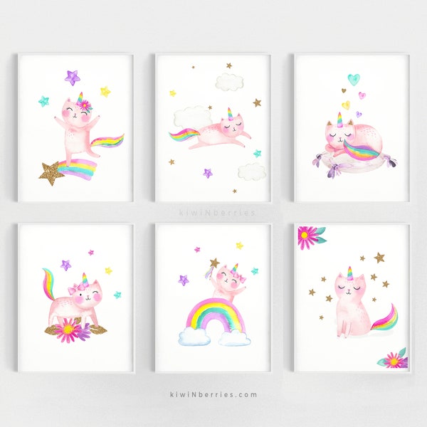 Girl's wall art, Printable unicorn wall art, Unicorn posters, Fun Cats, Kitten prints, Cat prints, Kids art prints, Rainbow colorful fun