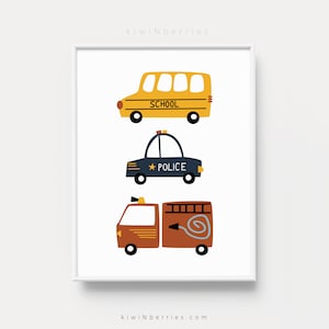 School Bus Police and Fire Engine, Fun Car Print, Printable Wall Art ...