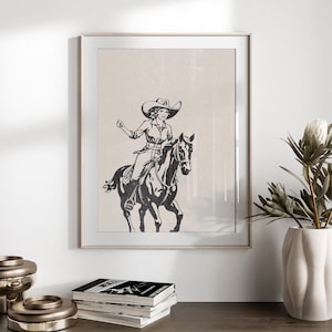Wild West Cowgirl Print, Rodeo girl With Horse, Digital Cowgirl Art, Western Southwestern Decor, Woman Cowboy Poster, DIY Decor, Aesthetic