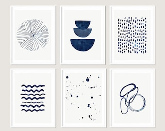 Láminas abstractas en azul índigo: Juego de 6 (impresiones digitales)