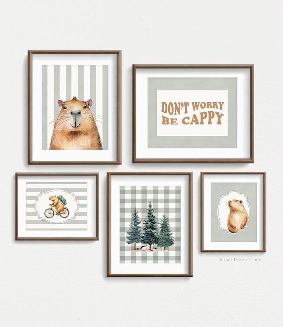 Capybara Nursery Art Prints: Sage Green Animal Illustration (Set of 5) (Digital Download)