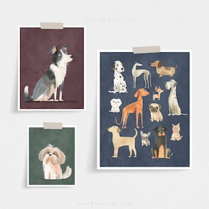 Cartoon Dog Prints, Moody Dark Boys room decor, Playroom Art, Playful Posters, Dog Breeds Wall Art, Border Collie, shih tzu, Navy Maroon