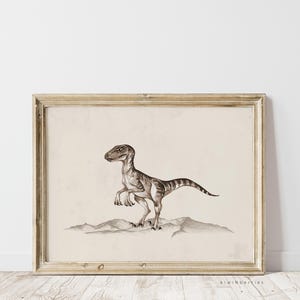 May include: A framed print of a black and white illustration of a dinosaur. The dinosaur is standing on a rocky surface. The print is in a light wood frame.